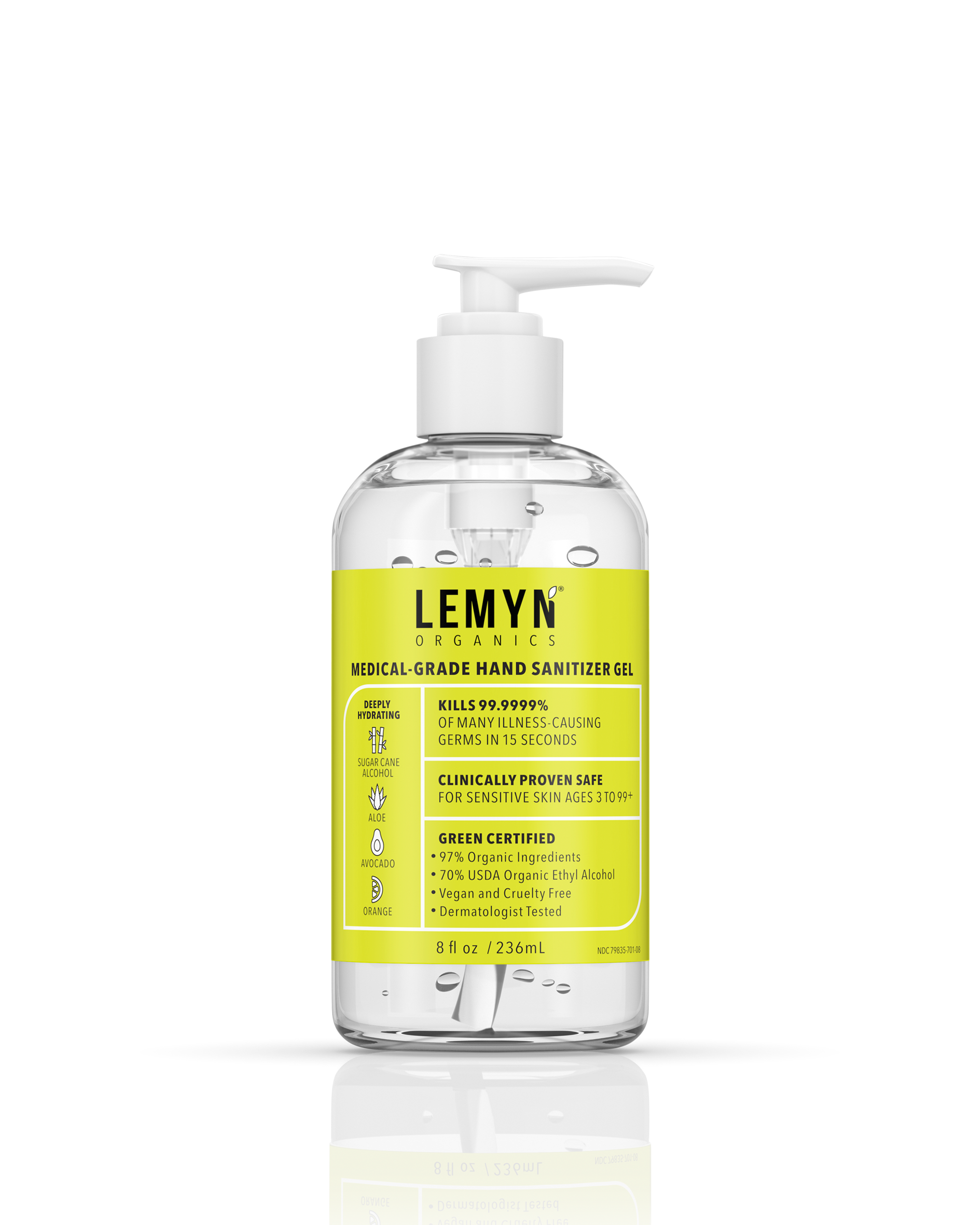 Lemyn Organics Hand Sanitizer | Green Certified &amp; Medical Grade | 236ml - 8 Fl Oz with Pump